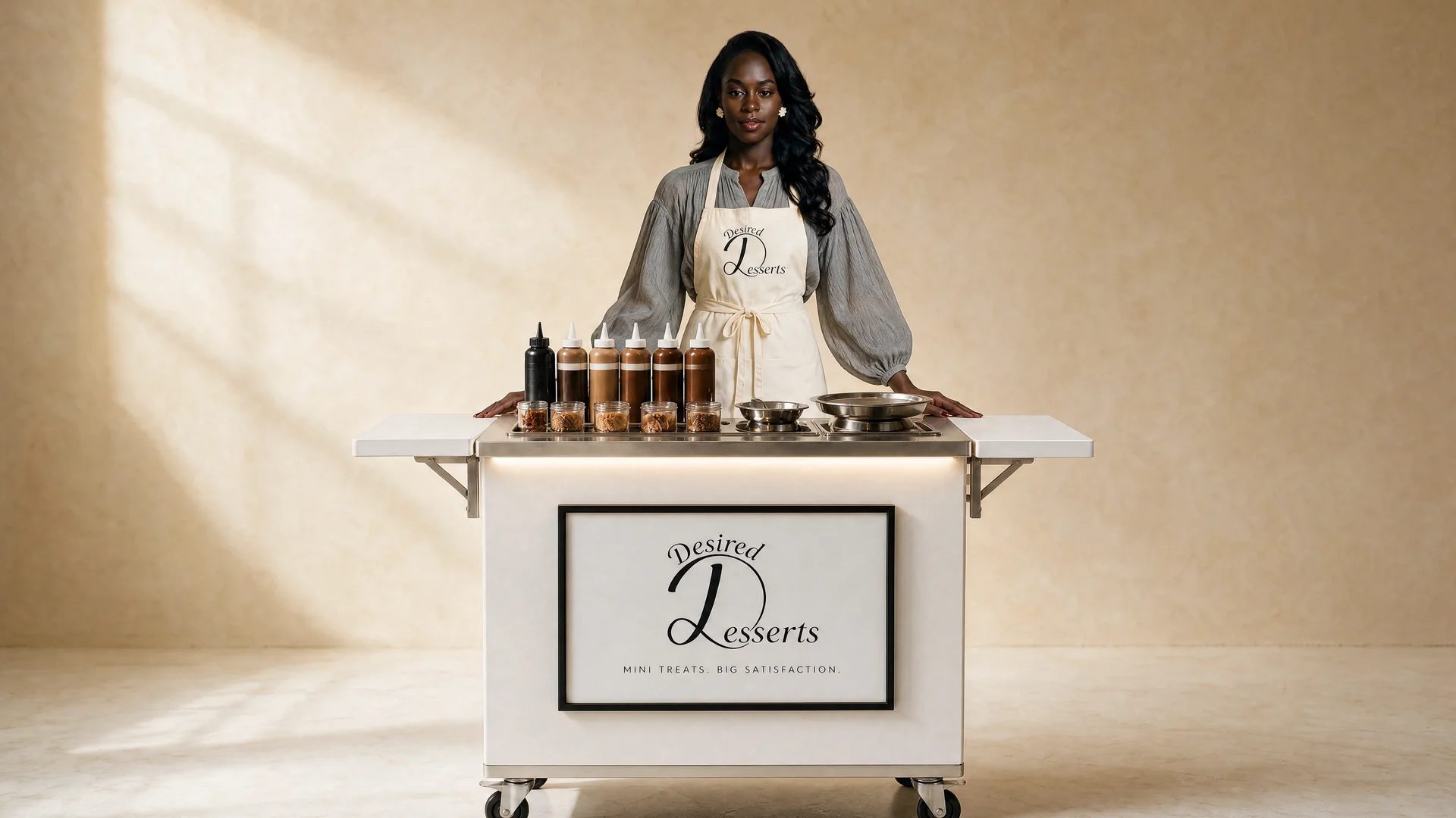 Desired Desserts founder standing behind the branded dessert cart