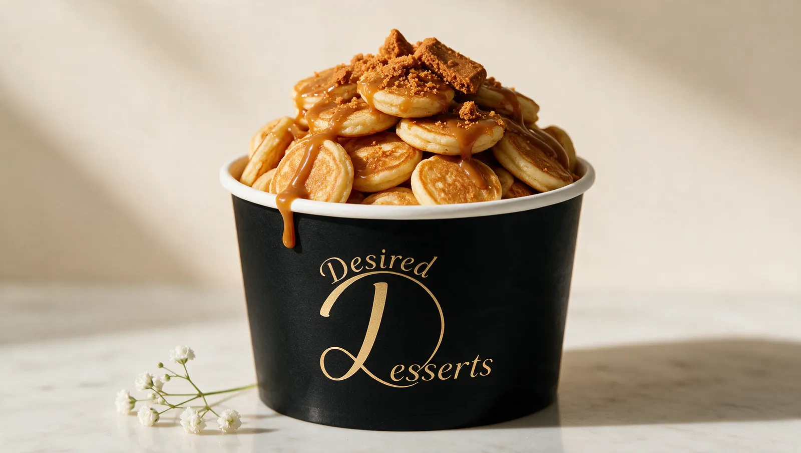 Desired Desserts mini pancakes loaded with Biscoff crumble and Biscoff cream drizzle in a black branded tub.