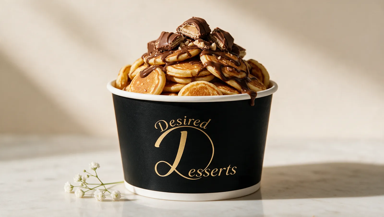 Desired Desserts mini pancakes topped with Kinder Bueno pieces and milk chocolate drizzle in a black branded tub.