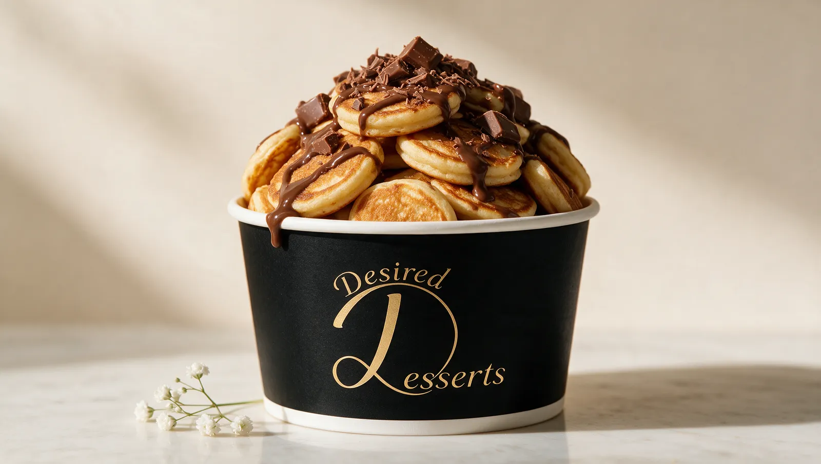 Desired Desserts mini pancakes with milk chocolate chunks and milk chocolate drizzle in a black branded tub.