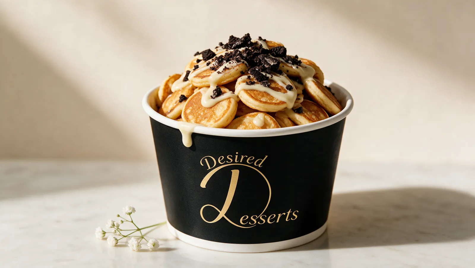 Desired Desserts mini pancakes loaded with Oreo crumble and white chocolate drizzle in a black branded tub.