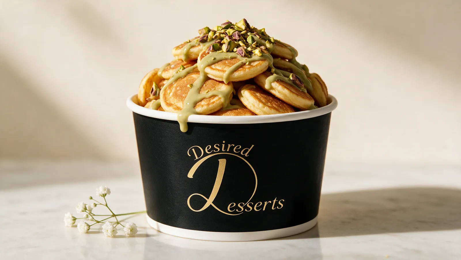 Desired Desserts mini pancakes with crushed pistachios and pistachio cream drizzle in a black branded tub.