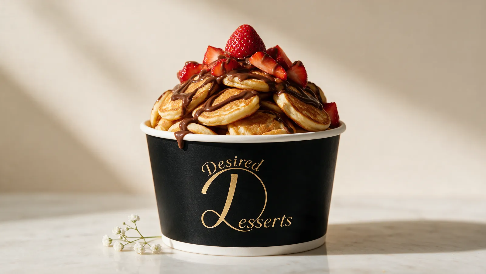Desired Desserts mini pancakes topped with fresh strawberries and milk chocolate drizzle in a black branded tub.