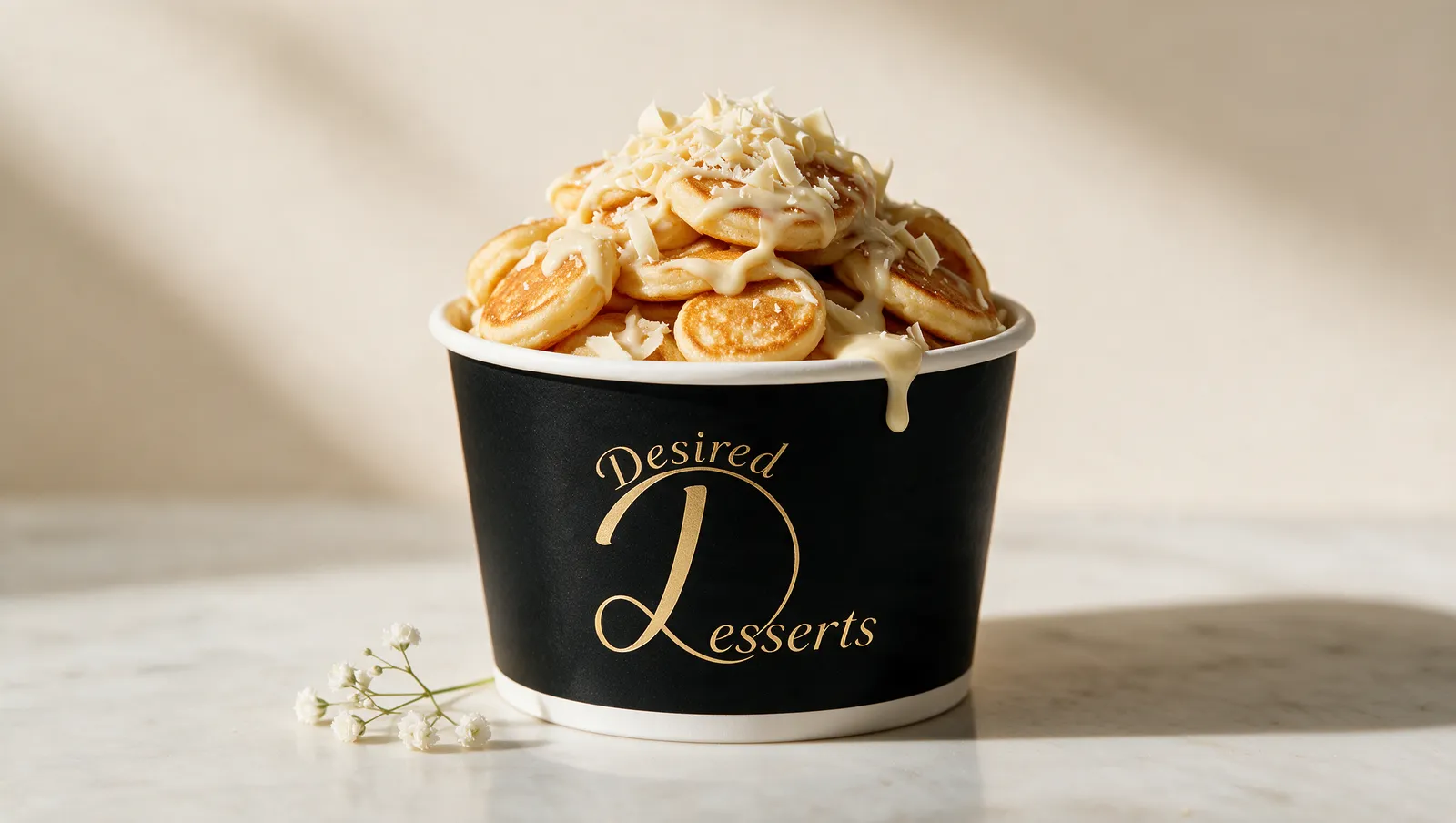 Desired Desserts mini pancakes with white chocolate shavings and white chocolate drizzle in a black branded tub.