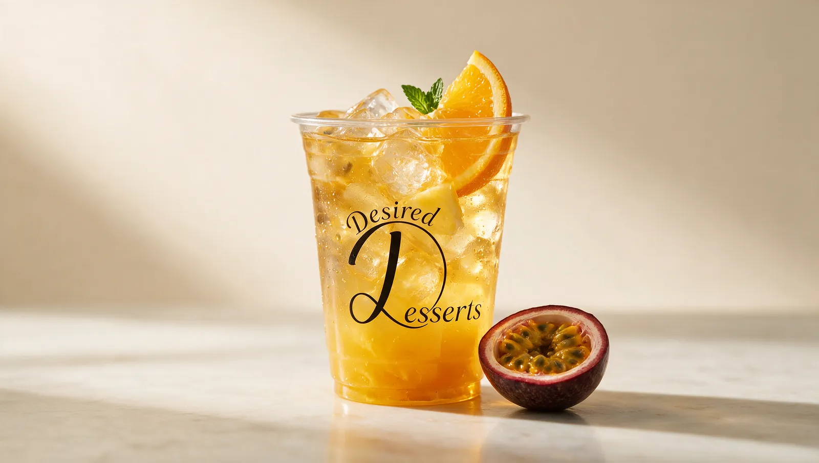 Desired Desserts Golden Glow signature sip — mango, pineapple and passion fruit over ice in a clear branded cup with orange and mint.