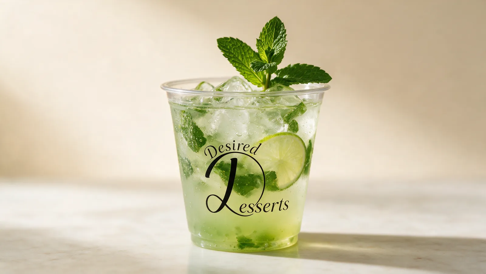 Desired Desserts Mint To Be signature sip — fresh mint, lime and sparkling lemonade over ice in a clear branded cup.