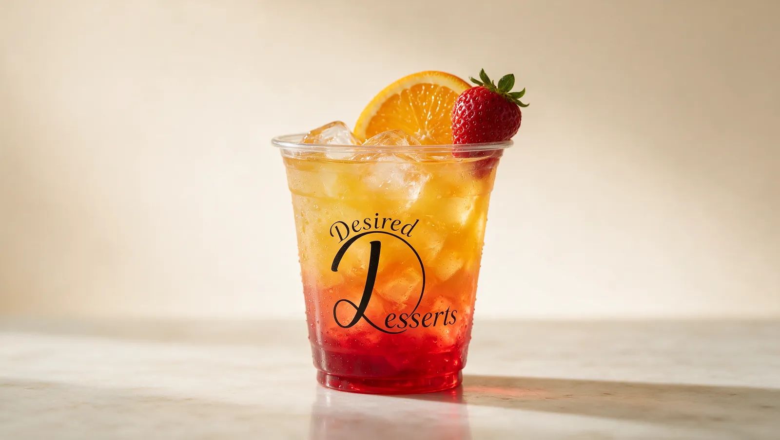 Desired Desserts Sunset signature sip — orange, pineapple and grenadine over ice in a clear branded cup, garnished with orange and strawberry.