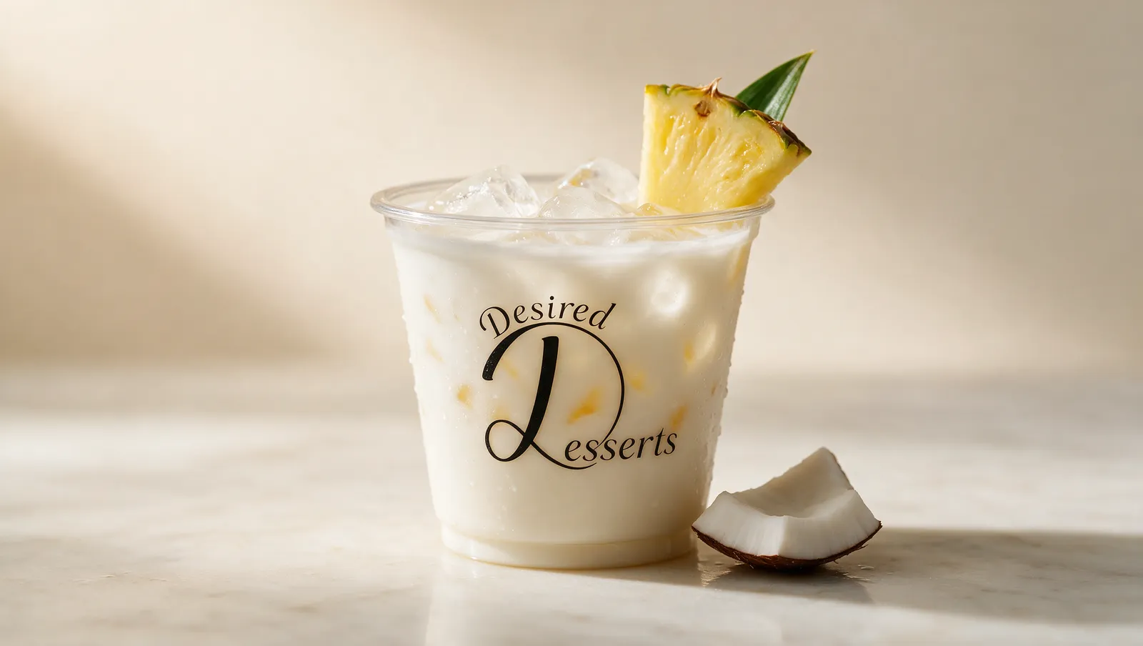 Desired Desserts Tropical Bliss signature sip — creamy coconut and pineapple over ice in a clear branded cup with a fresh pineapple wedge.