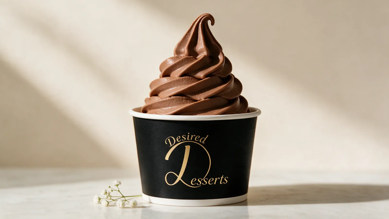 Desired Desserts chocolate soft serve swirl in a black branded tub.