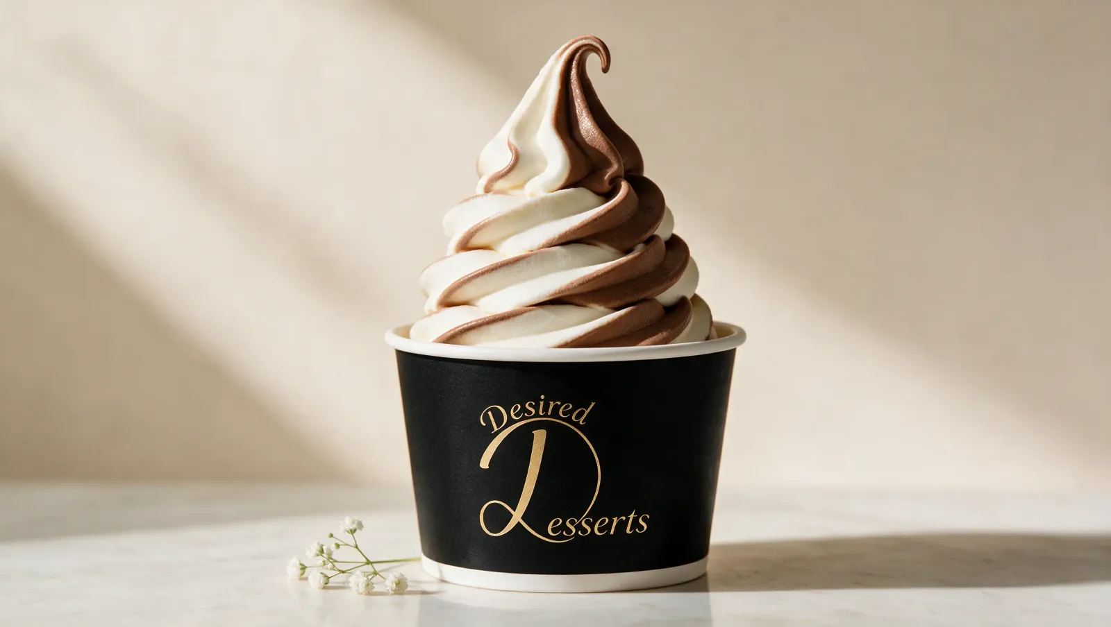 Desired Desserts vanilla and chocolate twist soft serve swirl in a black branded tub.