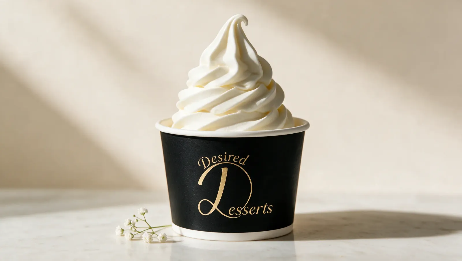 Desired Desserts vanilla soft serve swirl in a black branded tub.
